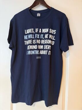 Navy Blue Men’s Graphic Crewneck T-Shirt with White and Light Blue Writing Large